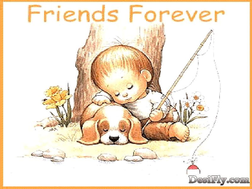 Приятели завинаги..., река, цвете, кученце, спи, приятели, въдица, дете, дърво HD тапет