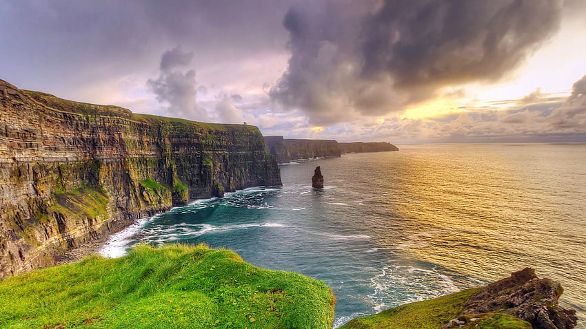 Cliffs Of Moher Sunset Ireland, Sunset, Cliffs, Grass, Water, Ireland HD wallpaper