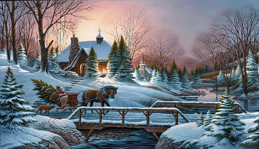 Heading home, winter, peaceful, head, dusk, horses, holiday, painting, snow, pond, sunset, frost, art, landscape, beautiful, christmas, bridge, sky, village, home HD wallpaper