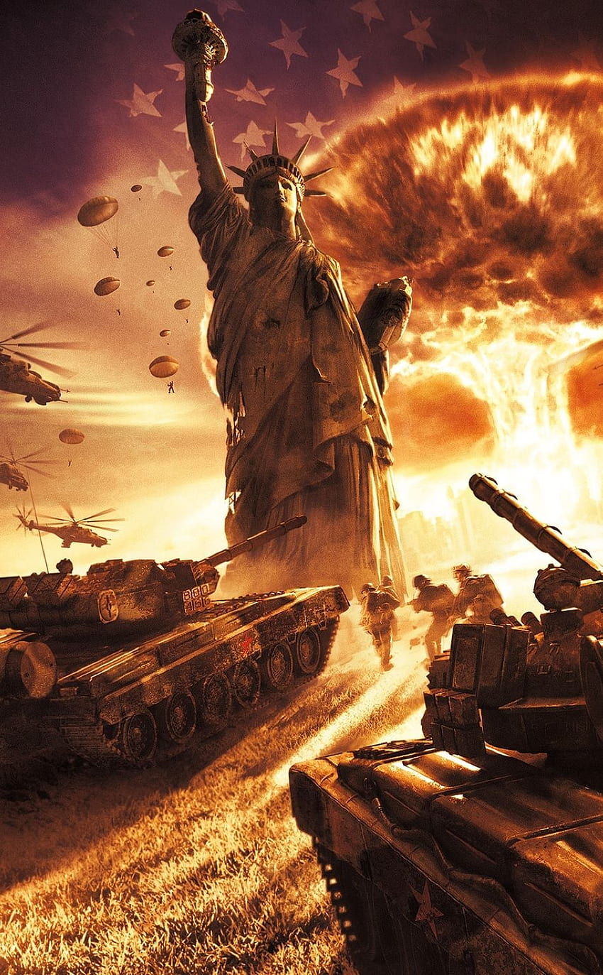 Mondo in conflitto, esplosione, statua della libertà Sfondo del telefono HD