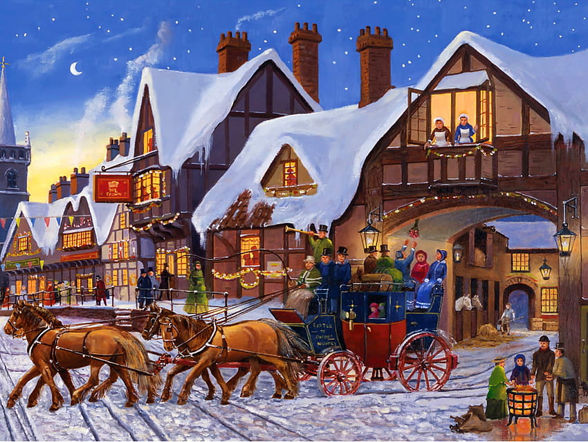 Christmas eve express, winter, art, eve, express, houses, holiday, sleigh, snow, christmas, village, santa HD wallpaper