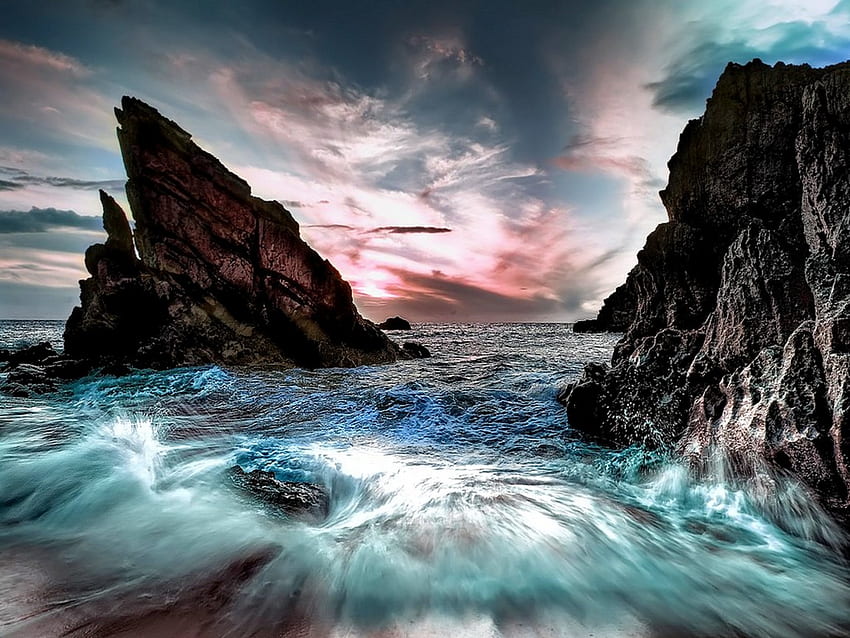 Sunset rocks, colorido, playa, orilla, olas, arenas, increíble, agua, océano, mar, atardecer, hermoso, rocas, piedras, verano, nubes, naturaleza, cielo, encantador fondo de pantalla