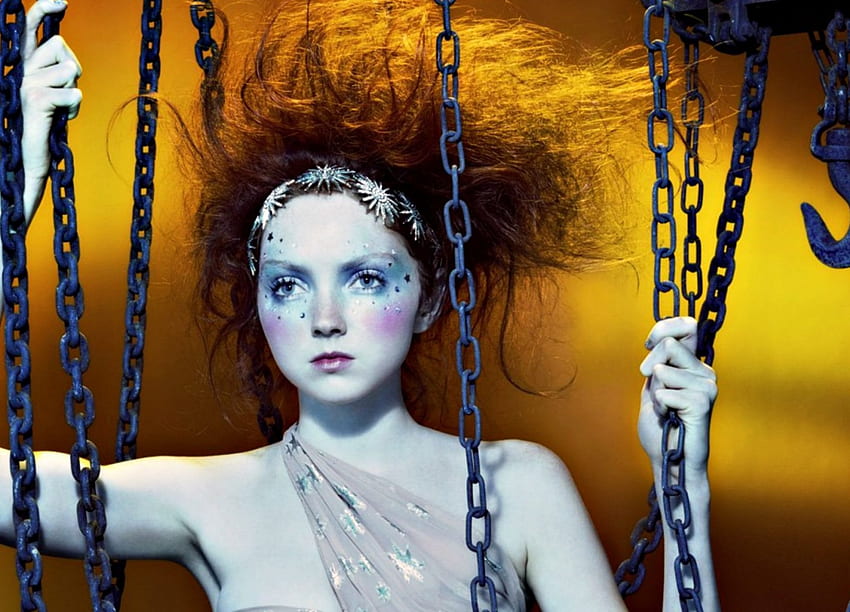 Lily Cole, golden, model, girl, actress, woman, make-up, yellow, face, chains HD wallpaper