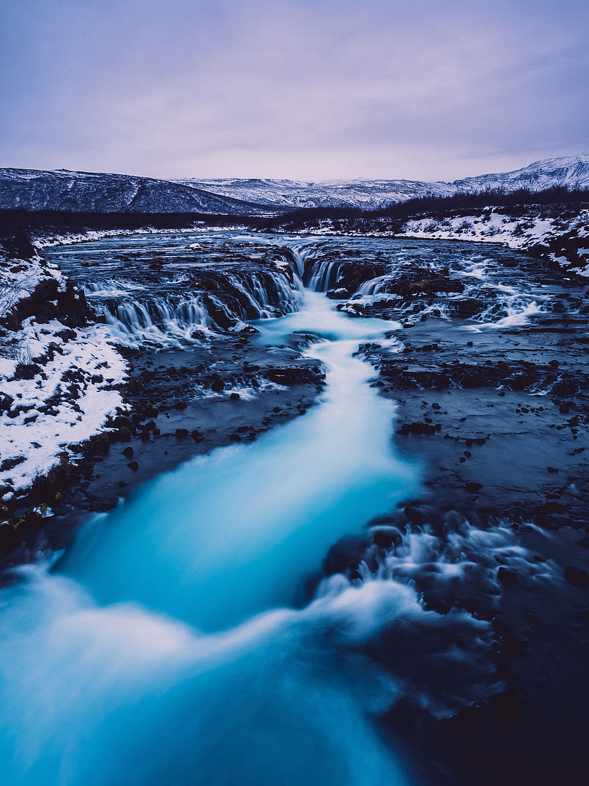 Natura, Neve, Cascata, Flusso, Islanda Sfondo del telefono HD