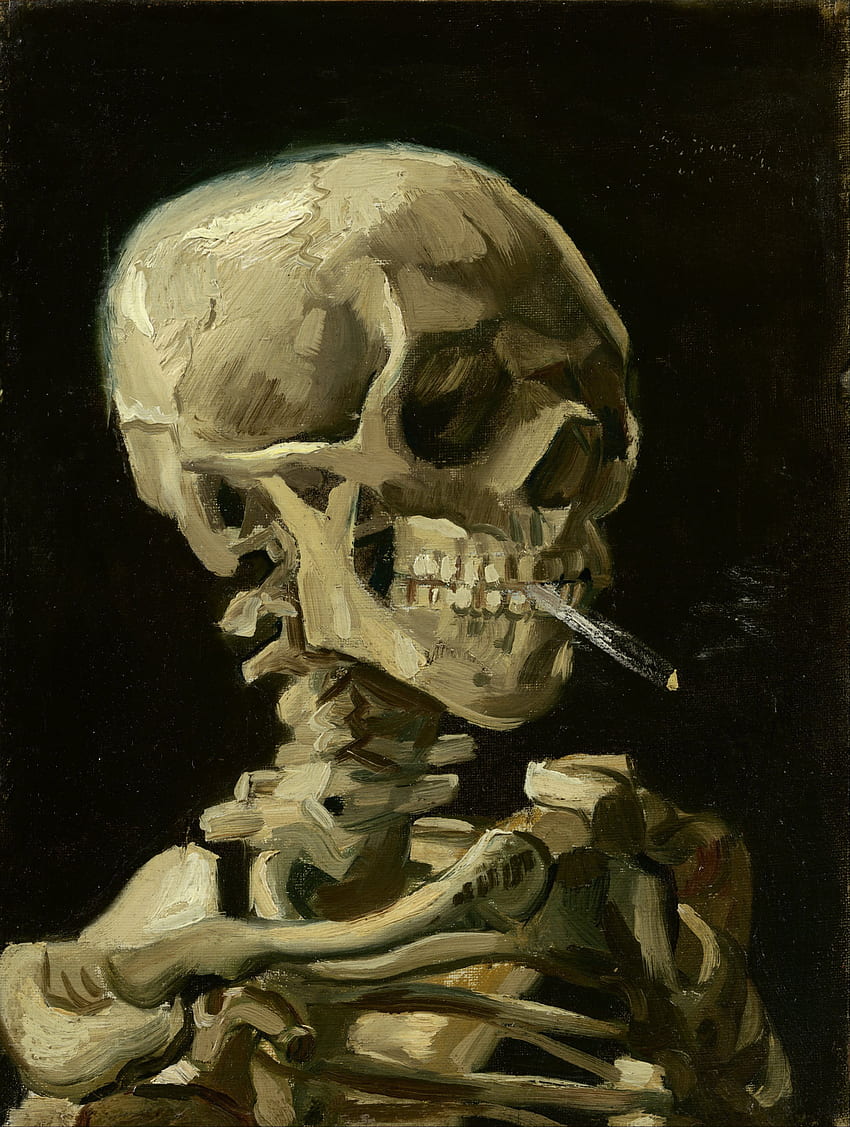 Череп на скелет с горяща цигара, череп на Ван Гог HD тапет за телефон