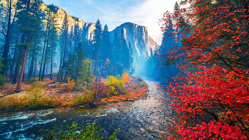 Merced River, Yosemite Valley, California, foglie, caduta, paesaggio, alberi, colori, cielo, montagne, usa Sfondo HD