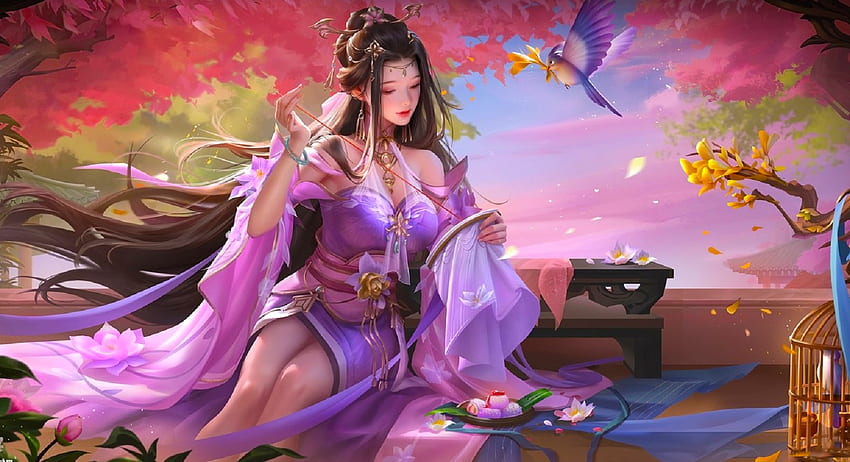 Lilac Beauty, , girl, blossom, woman, bird, art, digital, lamamake, fantasy, pretty, lilac HD wallpaper