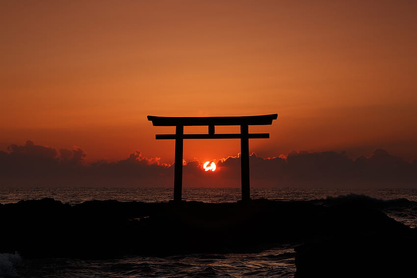 Nature, Sunset, Sea, Sun, Horizon, Arch, Torii HD wallpaper