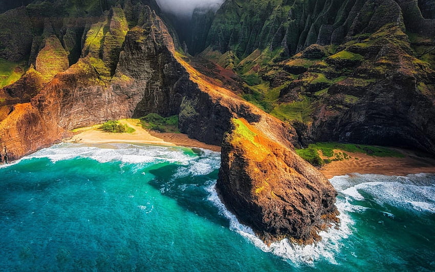 Paradise Island, mare, sabbia, paradiso, bellissimo, costa di Na Pali, rocce, spiaggia, Hawaii, Kauai, montagne, isole Sfondo HD