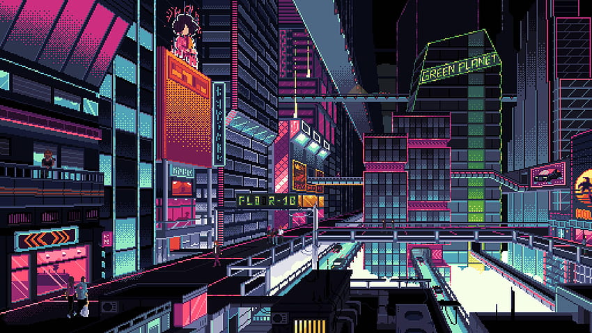 Cyberpunk City Pixel Art, Artysta, i Tło, Pixel Art Gif Tapeta HD