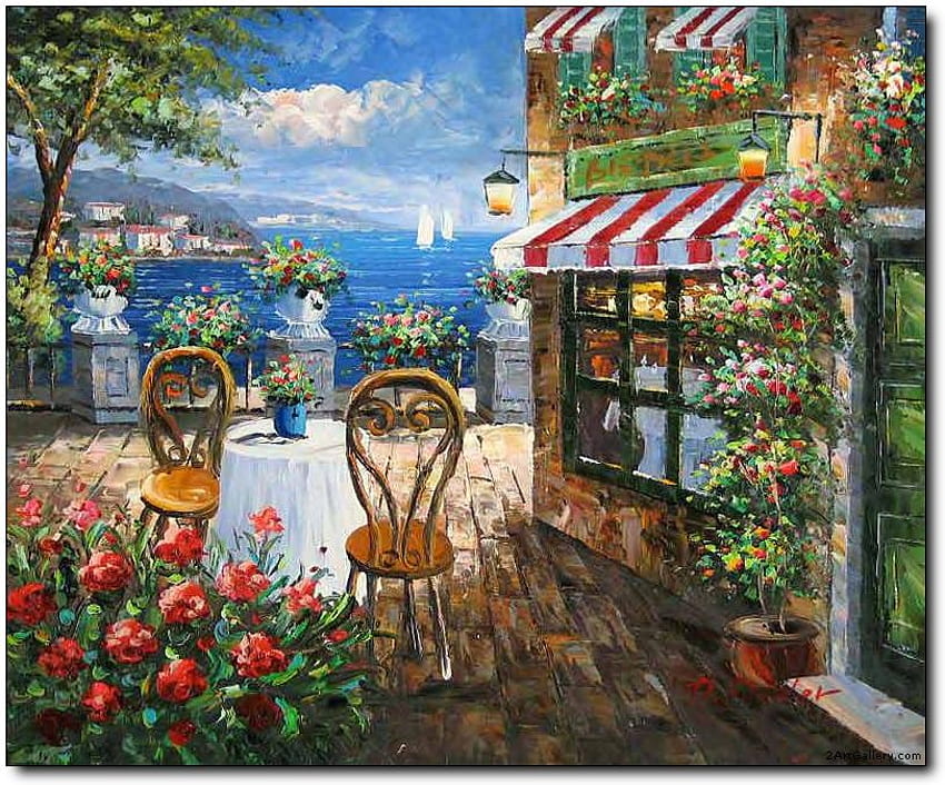 Terrasse Café, table, calme, serein, jardins, chaises, patio, jardinières, bateaux, panoramique, magasin, arbres, vue, fleurs, charmant Fond d'écran HD