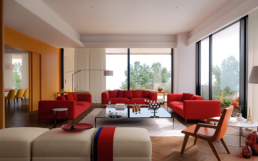 design elegante da sala de estar, sofás vermelhos na sala de estar, interior estilo retrô, interior moderno, sala de estar, ideia para a sala de estar papel de parede HD