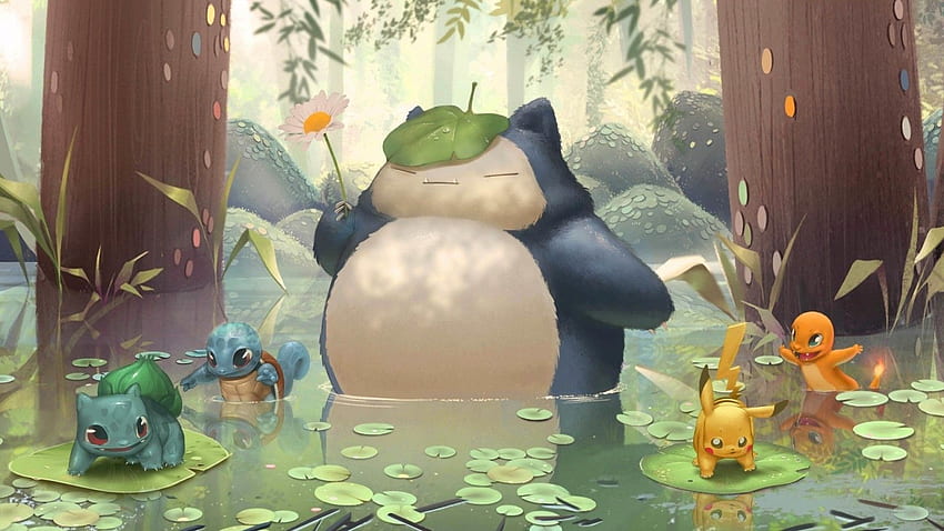 Pokemon, Squirtle, Pikachu, Bulbasaur, Charmander, Snorlax, Water, Forest, Pokémon Forest HD wallpaper