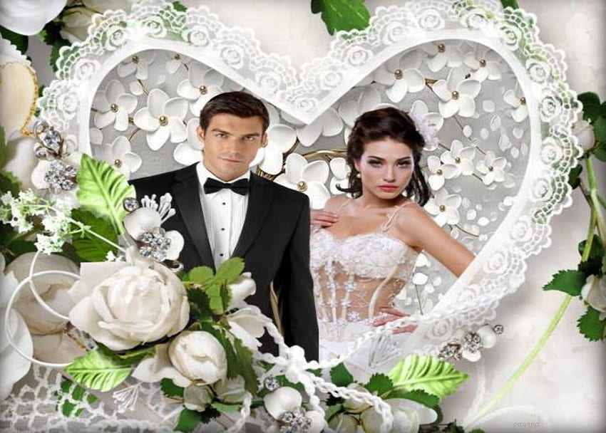 just married, Marriage, roses, whites, bride, heart, groom HD wallpaper