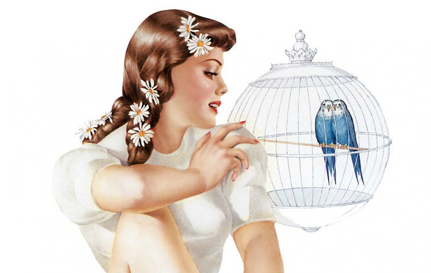 Daisy and a couple of parakeets by Alberto Vargas, blue, alberto vargas, white, parakeets, bird, art, pin-up, cage, beauty, woman, retro, daisy, flower, yellow, vintage HD wallpaper