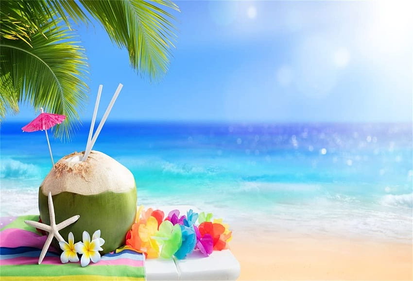 CS ft para bebida de coco fresco en playa tropical telón de mar océano playa soleada vacaciones tranquilas vacaciones de verano relax viaje accesorios de estudio vinilo: Camera & fondo de pantalla