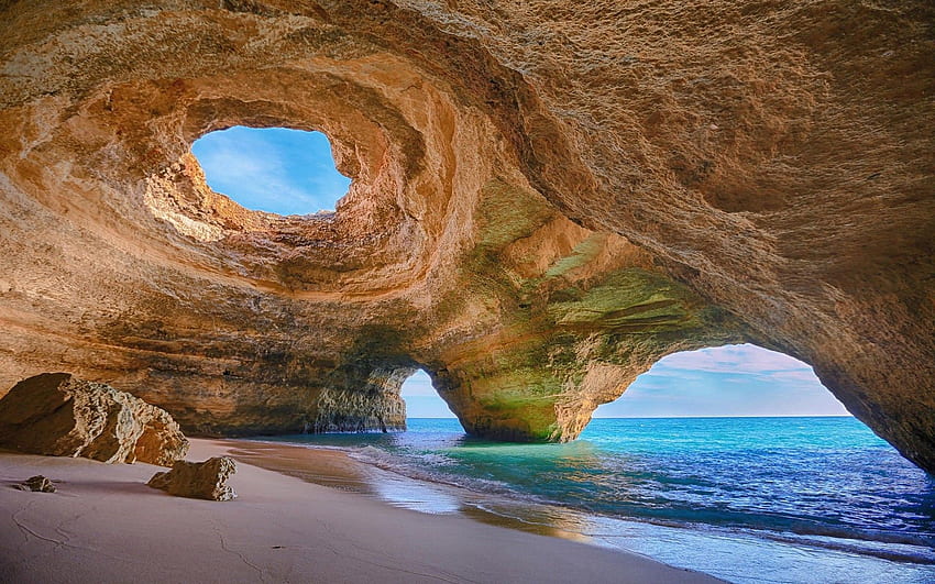 포르투갈, 동굴, 바닷가, 바위, 모래, 바다, 물, 침식, 자연, 포르투갈 풍경 HD 월페이퍼