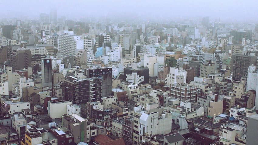 都市、町、日本、駐車場、漢字、カタカナ、霧、建物 高画質の壁紙