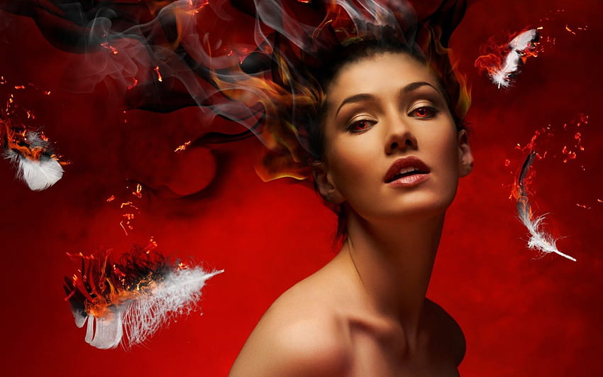 Fantasy beauty, eyes, girl, flame, vampire, beauty, woman, feather, fantasy, abstract, red, creature, fire HD wallpaper