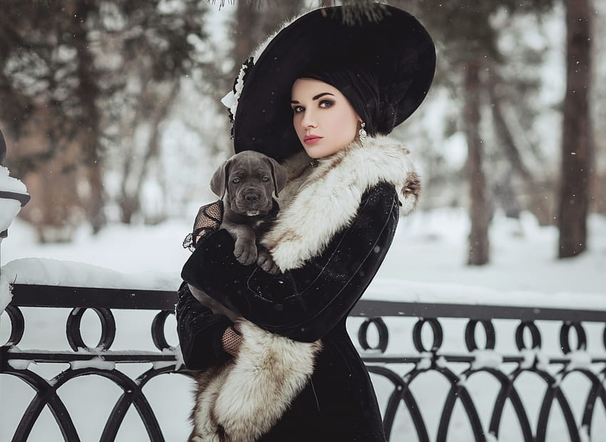 Black clothing, winter, girl model with dog, puppy HD wallpaper