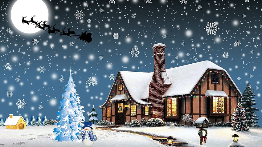 Invierno, noche, nieve, navidad, casa. fondo de pantalla