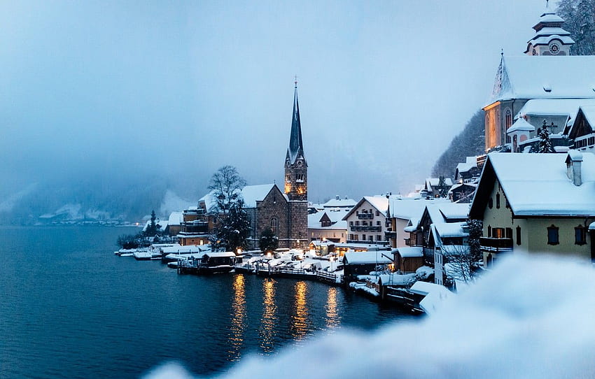 winter, water, fog, lake, home, Austria, Austria, Hallstatt HD wallpaper