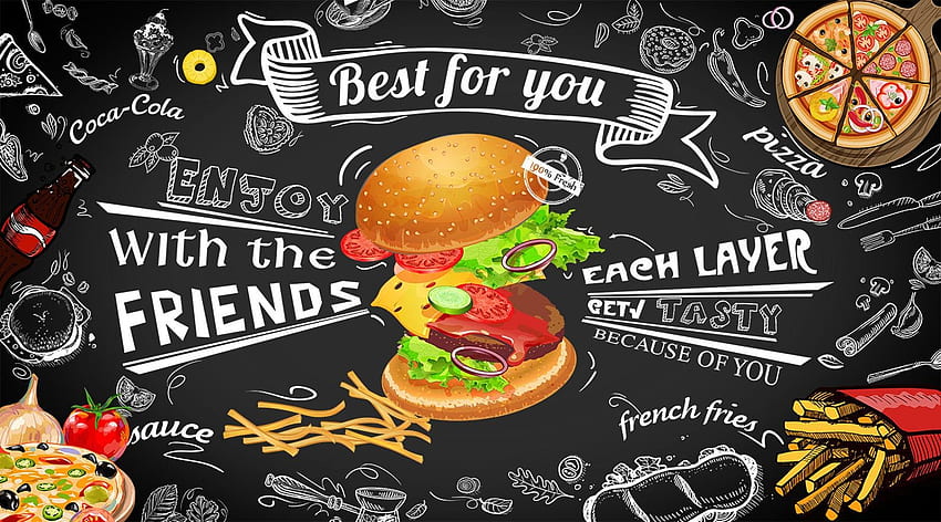 Ресторант за бързо хранене Кафе Декорация на стена Хамбургер Стенен плакат Стенопис за пица Модерен черен фонов плакат през 2021 г. Ресторант за бързо хранене, Стена на кафене, Бърза храна HD тапет