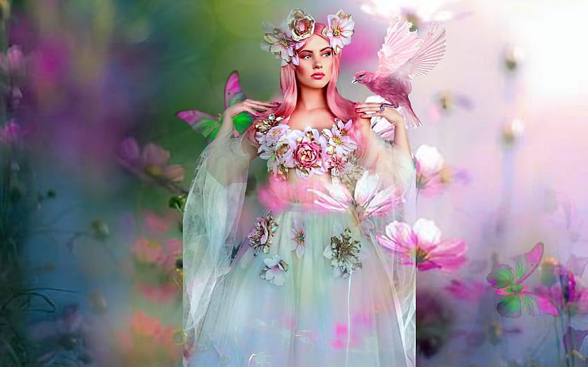 Pink Queen, uccello, luminoso, audace, fiori, ragazza, regina, colorato, vibrante, farfalle, rosa, vivido Sfondo HD