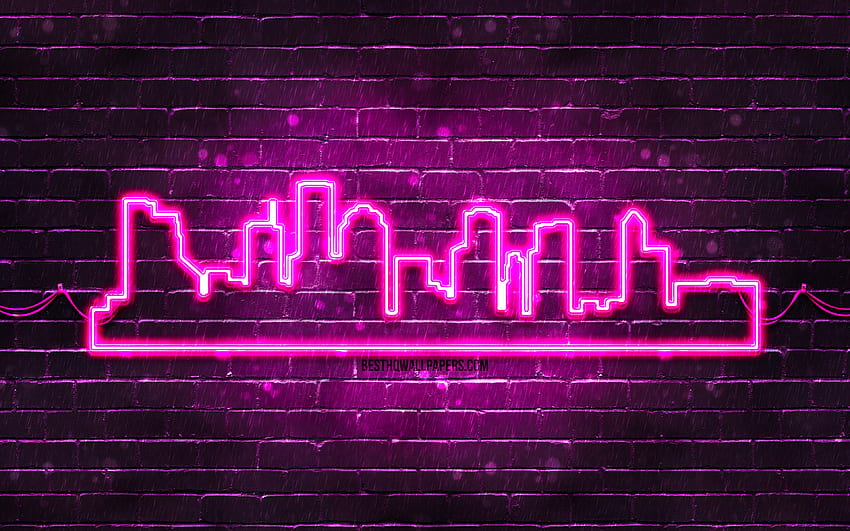 Houston purple neon silhouette, , purple neon lights, Houston skyline silhouette, green brickwall, american cities, neon skyline silhouettes, USA, Houston silhouette, Houston HD wallpaper