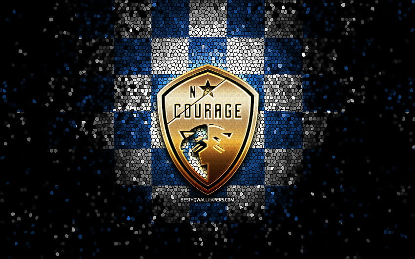 North Carolina Courage FC, glitter logo, NWSL, blue white checkered background, soccer, american football club, North Carolina Courage logo, mosaic art, football, North Carolina Courage HD wallpaper