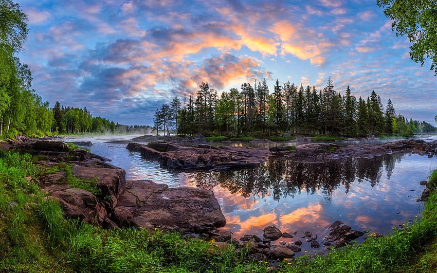 Finland, morning, dawn, forest, river, Kiyminki HD wallpaper