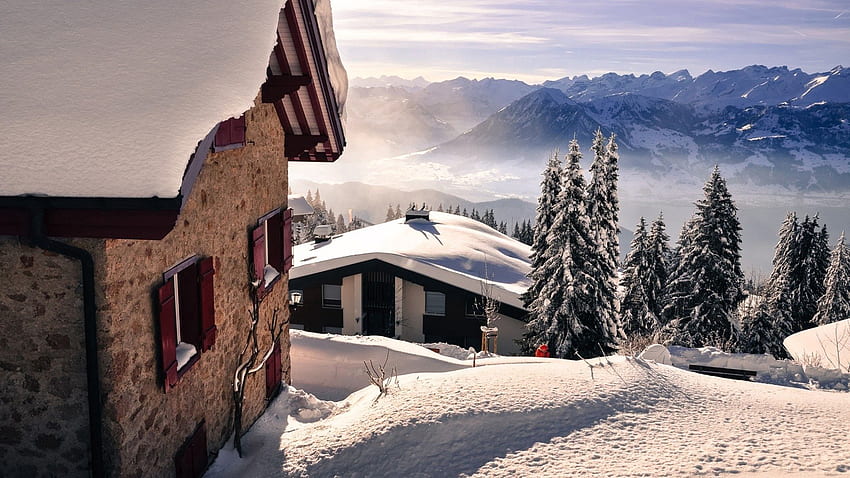 paisagem, cidades, inverno, montanhas, neve papel de parede HD
