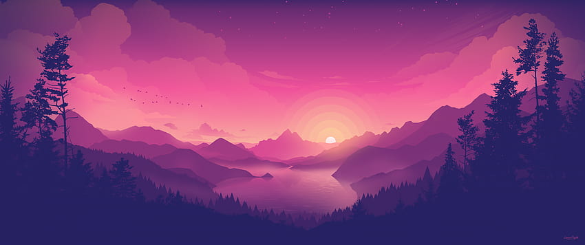 Lakeside , Pink sky, Sunset, Minimal art, Nature, Ultrawide Minimal HD wallpaper