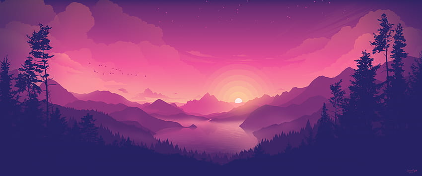 Junto al lago, Cielo rosa, Puesta de sol, Arte minimalista, Naturaleza, Ultrawide Minimal fondo de pantalla