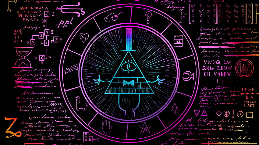 gelap, neon, Gravity Falls, lingkaran, simbolisme, karya seni, warna-warni, Bill Cipher , Gravity Falls Bill Wallpaper HD