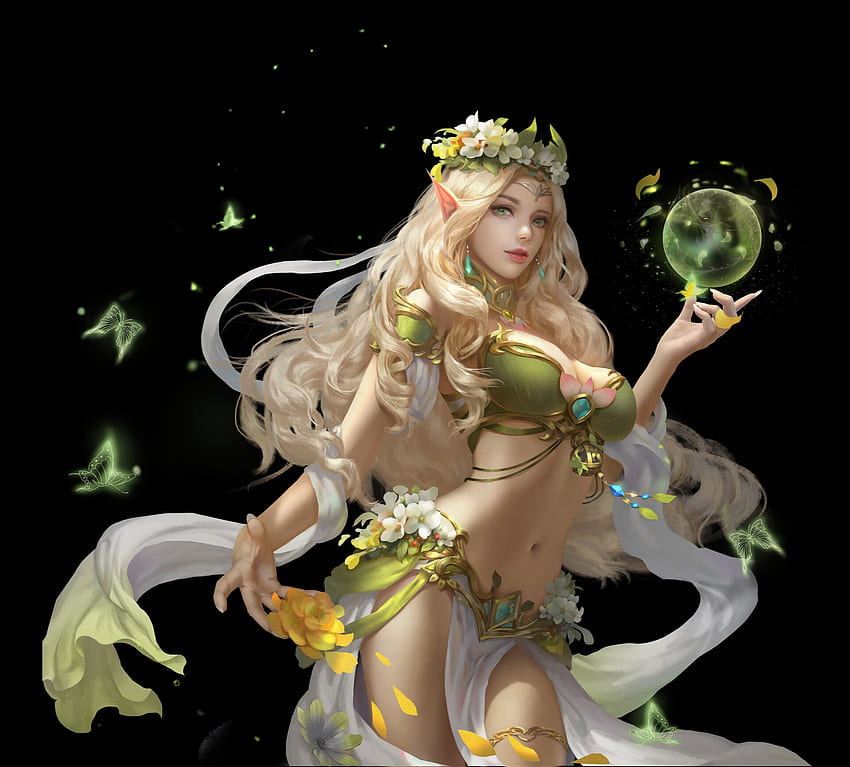 Fantasy girl, frumusete, black, wudidapaopaotang, gorgeous, girl, superb, fairy, fantasy, green, luminos HD wallpaper