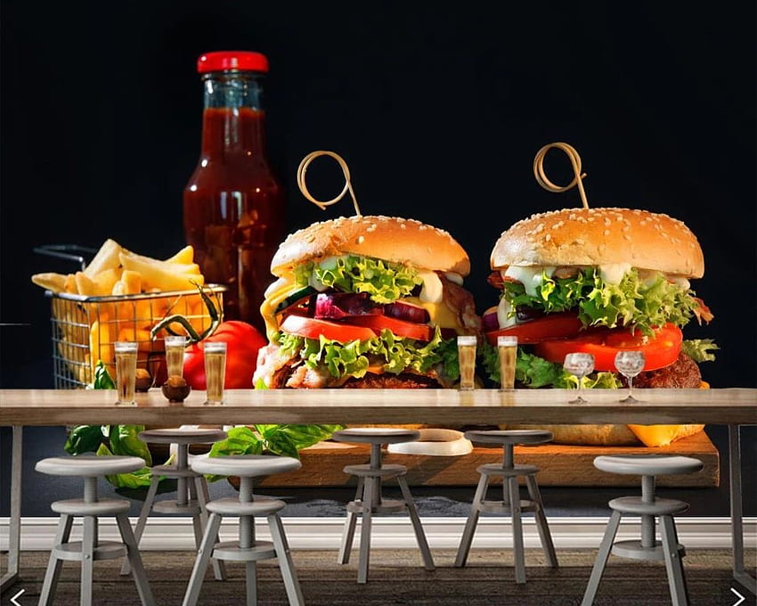 Papel de pared Fast food Hamburger Warzywa Jedzenie 3D, salon kuchnia restauracja fast food sklep papierowy wystrój domu. Tapeta HD