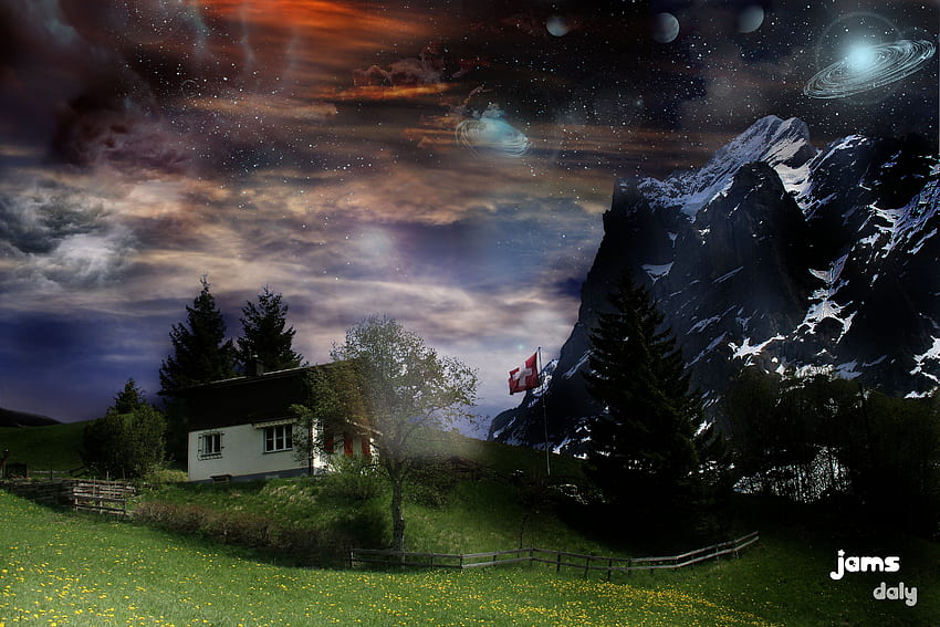 Home Sweet Fantasy Home, sky, mountains, fantasy, house HD wallpaper
