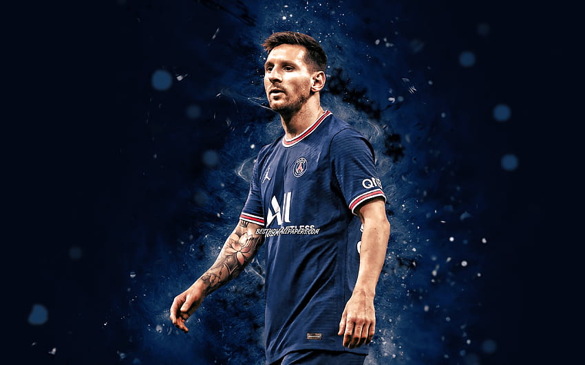 Lionel Messi Paris Saint-Germain, 2021, mavi neon ışıklar, PSG, Paris Saint-Germain, Arjantinli futbolcular, futbol yıldızları, Leo Messi, futbol, ​​Lionel Messi PSG, Messi, 1 Ligue, Lionel Messi HD duvar kağıdı