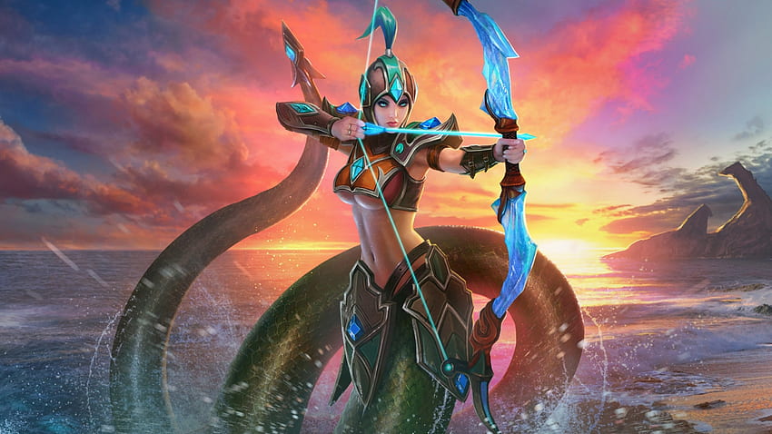 Naga Kertana สีน้ำเงิน งู ทะเล นักธนู หญิงสาว ส้ม สงครามผู้นำ ผู้หญิง จินตนาการ เกม พระอาทิตย์ตก วอลล์เปเปอร์ HD