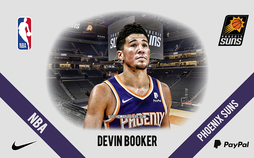 Devin Booker, Phoenix Suns, Jugador de Baloncesto Estadounidense, NBA, retrato, estados UNIDOS, baloncesto, Phoenix Suns Arena, logotipo de los Phoenix Suns fondo de pantalla