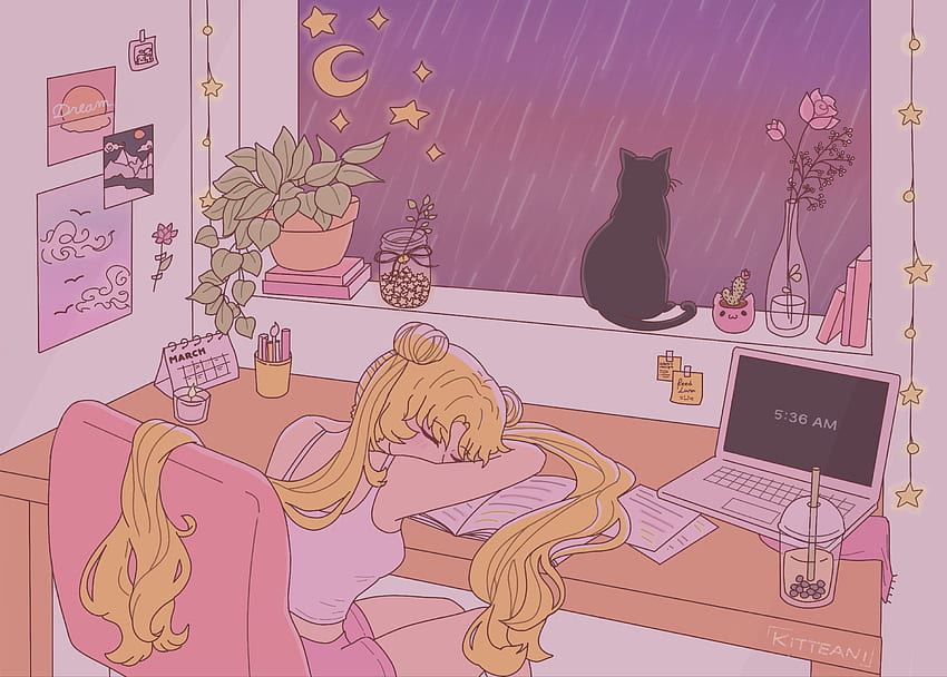 Sailor Moon, aber sie ist ein Lofi-Mädchen. Sailor Moon, Sailor Moon-Kunst, Sailor Moon-Ästhetik, weicher ästhetischer Cartoon HD-Hintergrundbild