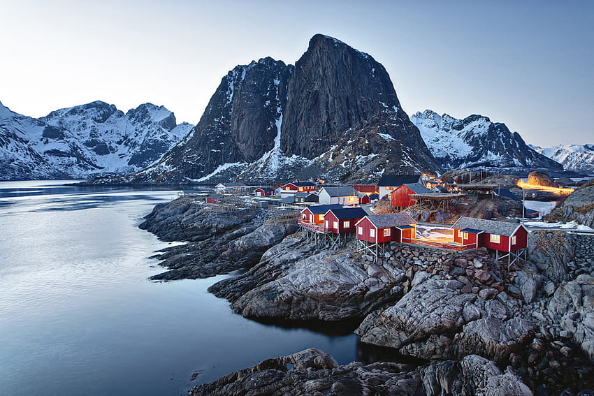 마을, 해안, 산, 노르웨이 HD 월페이퍼