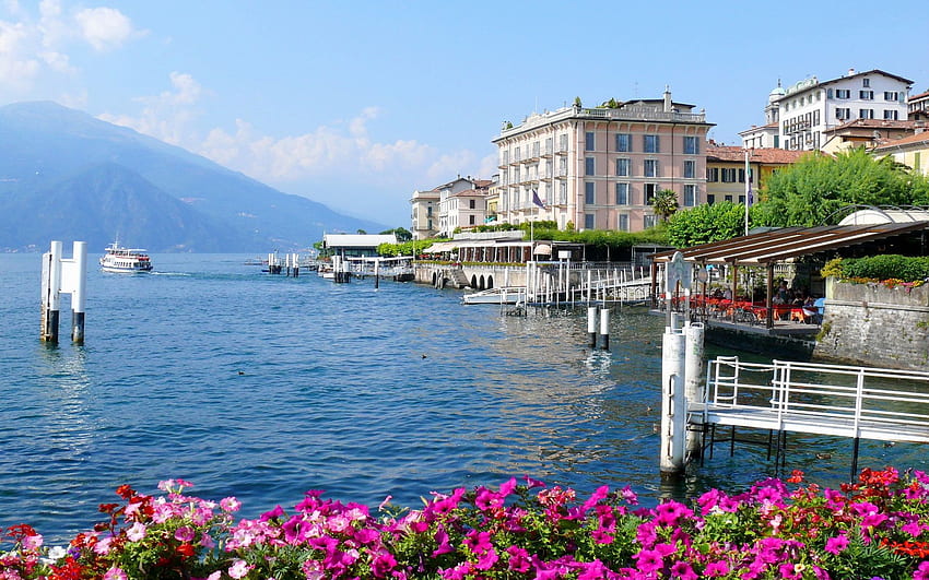 Italy, Lombardy, town, houses, sea, flowers HD wallpaper