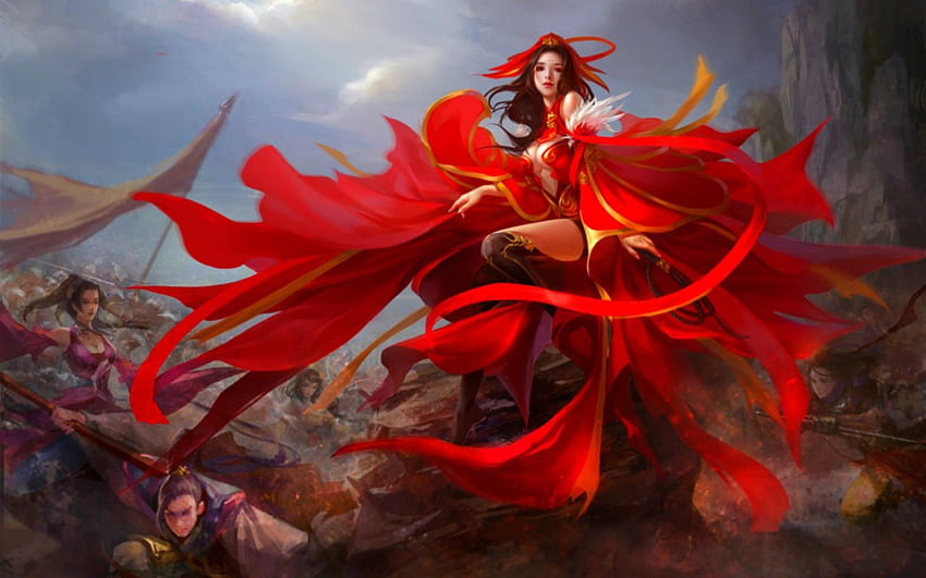 Fantasy girl, fantasy, art, red, woman, warrior HD wallpaper