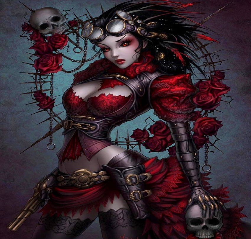 *Red Lady Mechanika*, Rosen, Wild, rote Rosen, Blumen, Gewehr, Waffen, Totenköpfe HD-Hintergrundbild