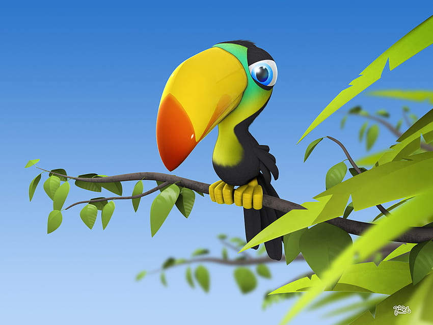 3d becco uccello, becco 3d, uccelli, colorato, verde, albero Sfondo HD
