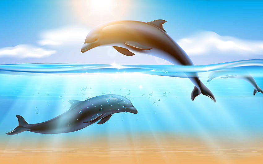 drawn dolphins, underwater world, dolphins, art, mammals, pair of dolphins HD wallpaper