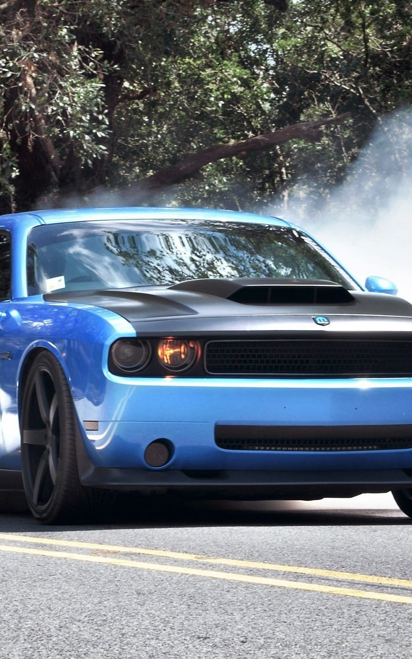 รถ, สีน้ำเงิน, มุมมองด้านหน้า, Dodge Challenger, Burnout - ความละเอียด: วอลล์เปเปอร์โทรศัพท์ HD