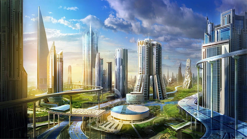 Ilustración de edificio alto, futurista, arquitectura, paisaje, ciudad fondo de pantalla
